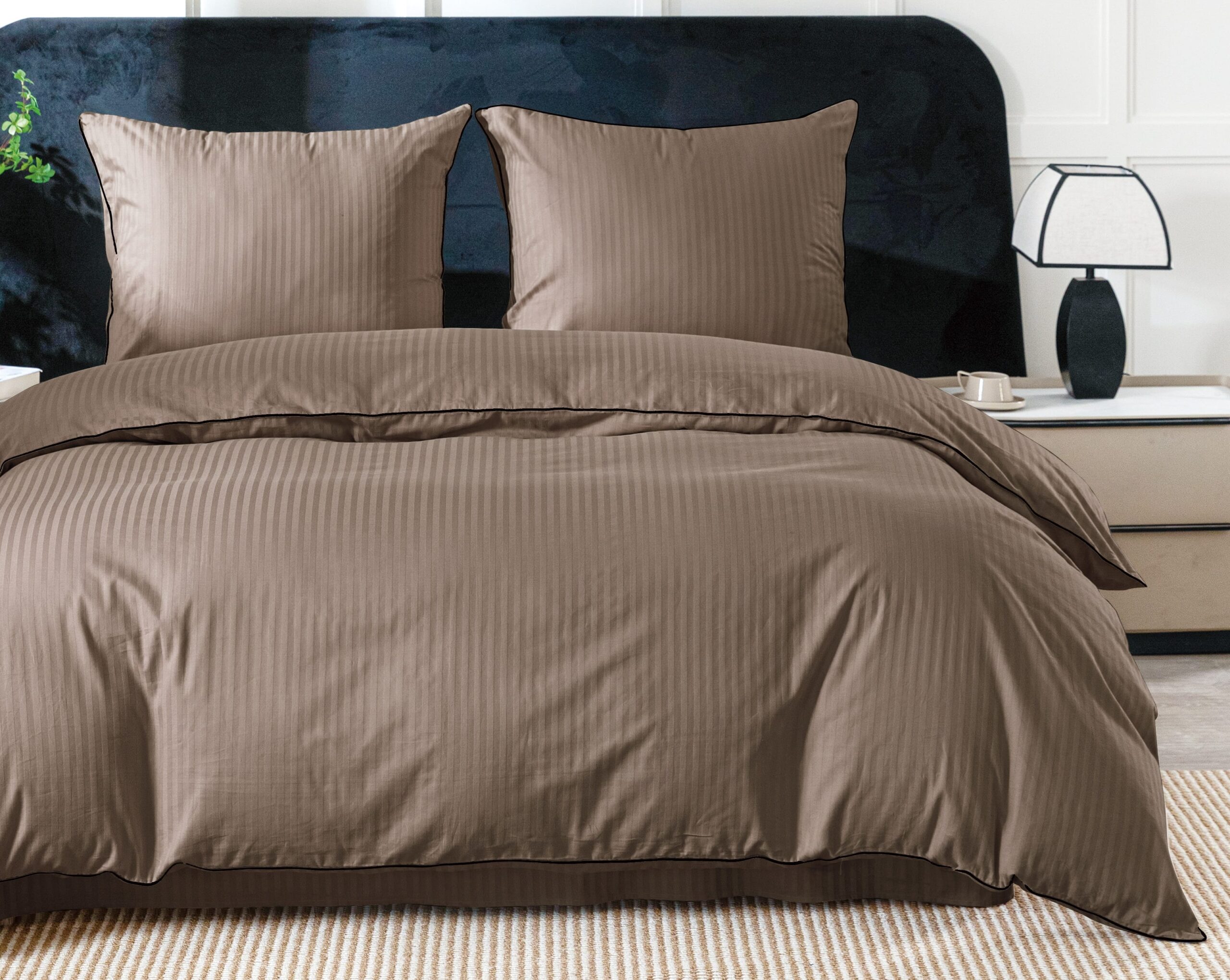 QMP-3418-1 Elegancka pościel bawełniana w pasy 140x200 z ozdobną lamówką - obrazek 1