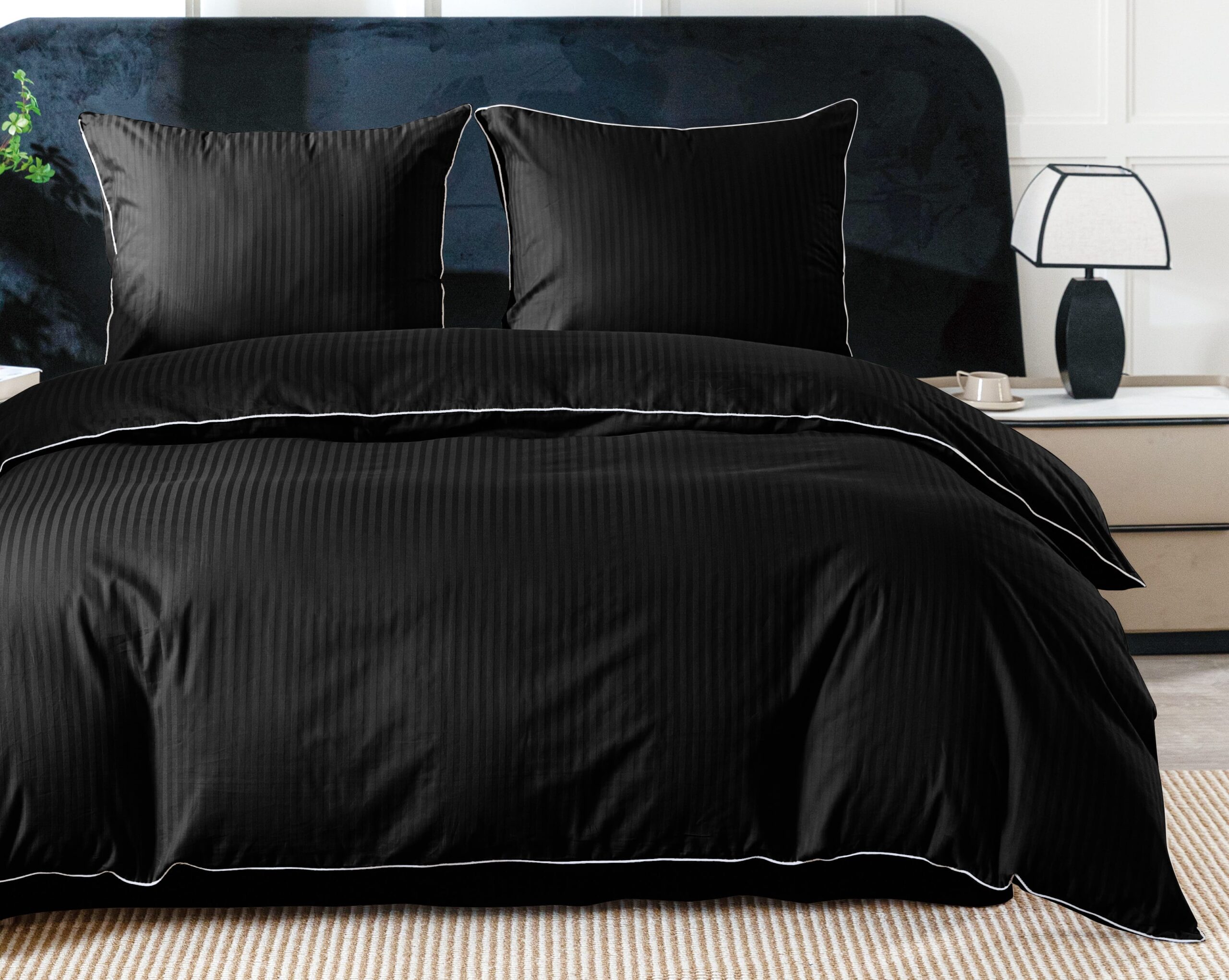 QMP-3422-1 Elegancka pościel bawełniana w pasy 140x200 z ozdobną lamówką - obrazek 1